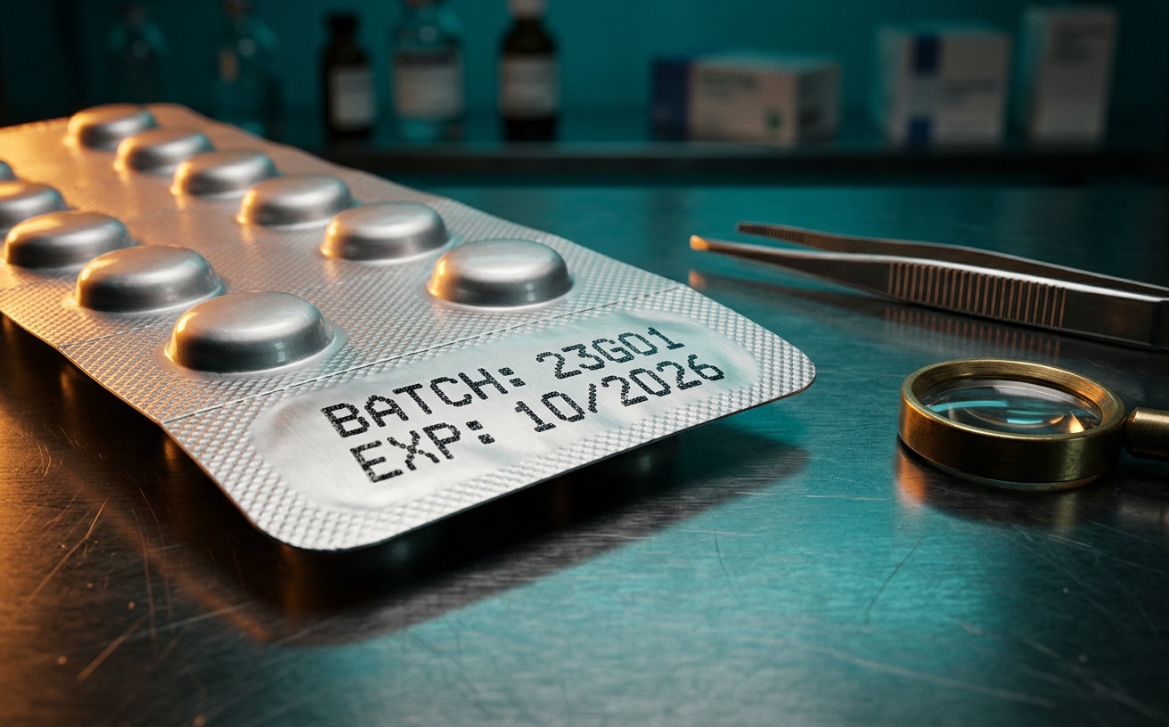Cinematic macro photograph of a printed batch and expiry code stamped on an aluminium medicine blister strip resting on a stainless steel pharmacy counter, tweezers and a magnifier nearby, deep teal background with amber rim light, ultra sharp macro detail, 16:10 landscape composition